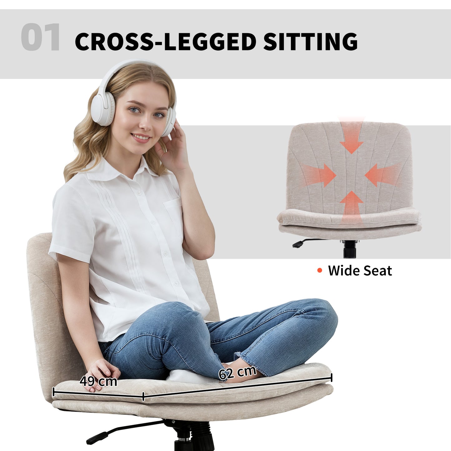 Criss Cross Chair with Wheels, Armless Wide Office Chair, Beige