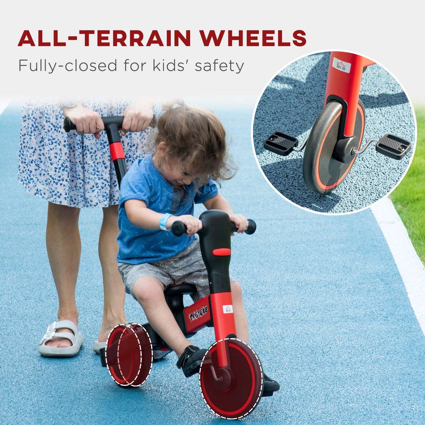 4-in-1 Tricycle for Kids, Baby Trike with Adjustable Push Handle, Detachable Foot Rest for 18-60 Months, Red