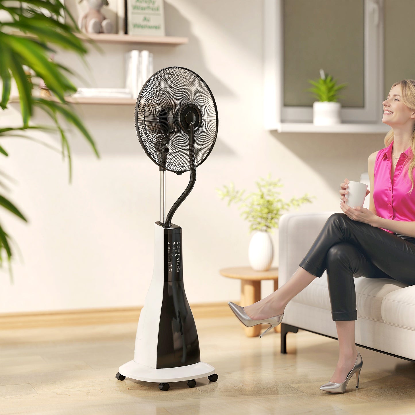 Spray Misting Fan, Pedestal Fan with Oscillation, Tilt, Wheels