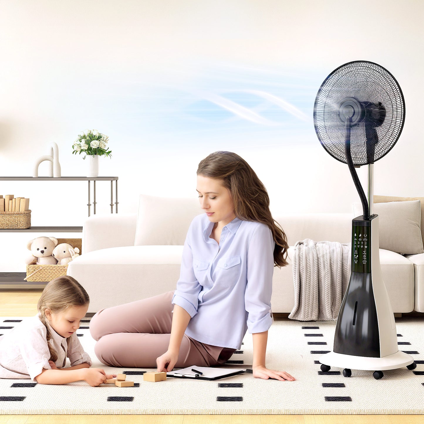 Spray Misting Fan, Pedestal Fan with Oscillation, Tilt, Wheels