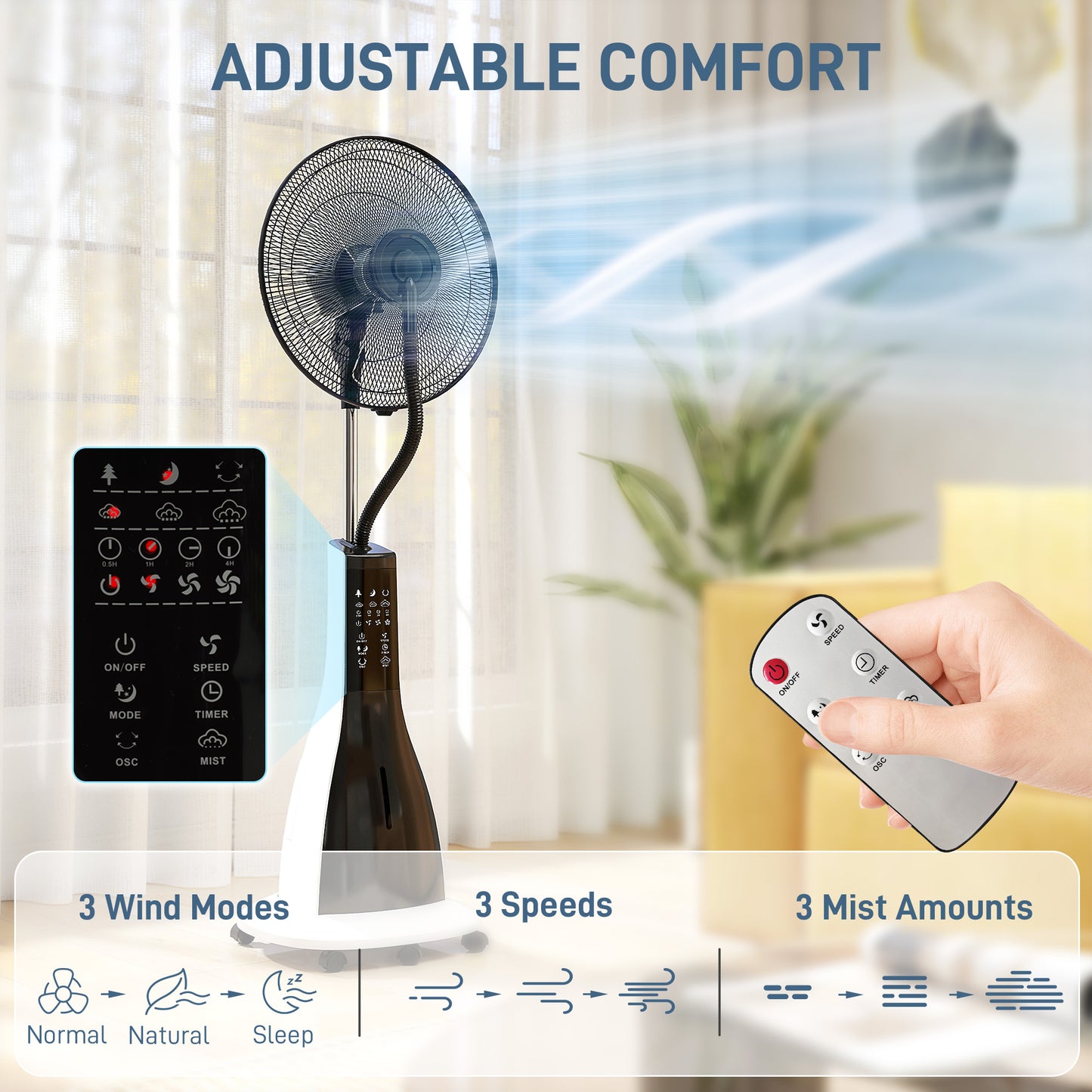 Spray Misting Fan, Pedestal Fan with Oscillation, Tilt, Wheels