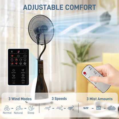 Spray Misting Fan, Pedestal Fan with Oscillation, Tilt, Wheels