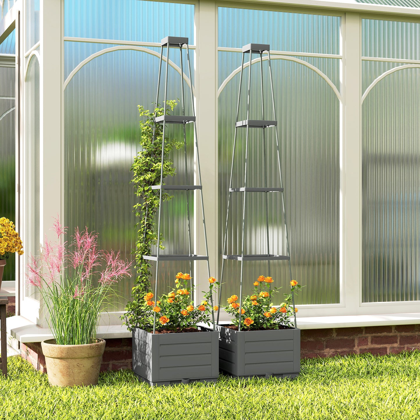2 Pack Raised Garden Bed with Trellis and Removable Drainage Tray