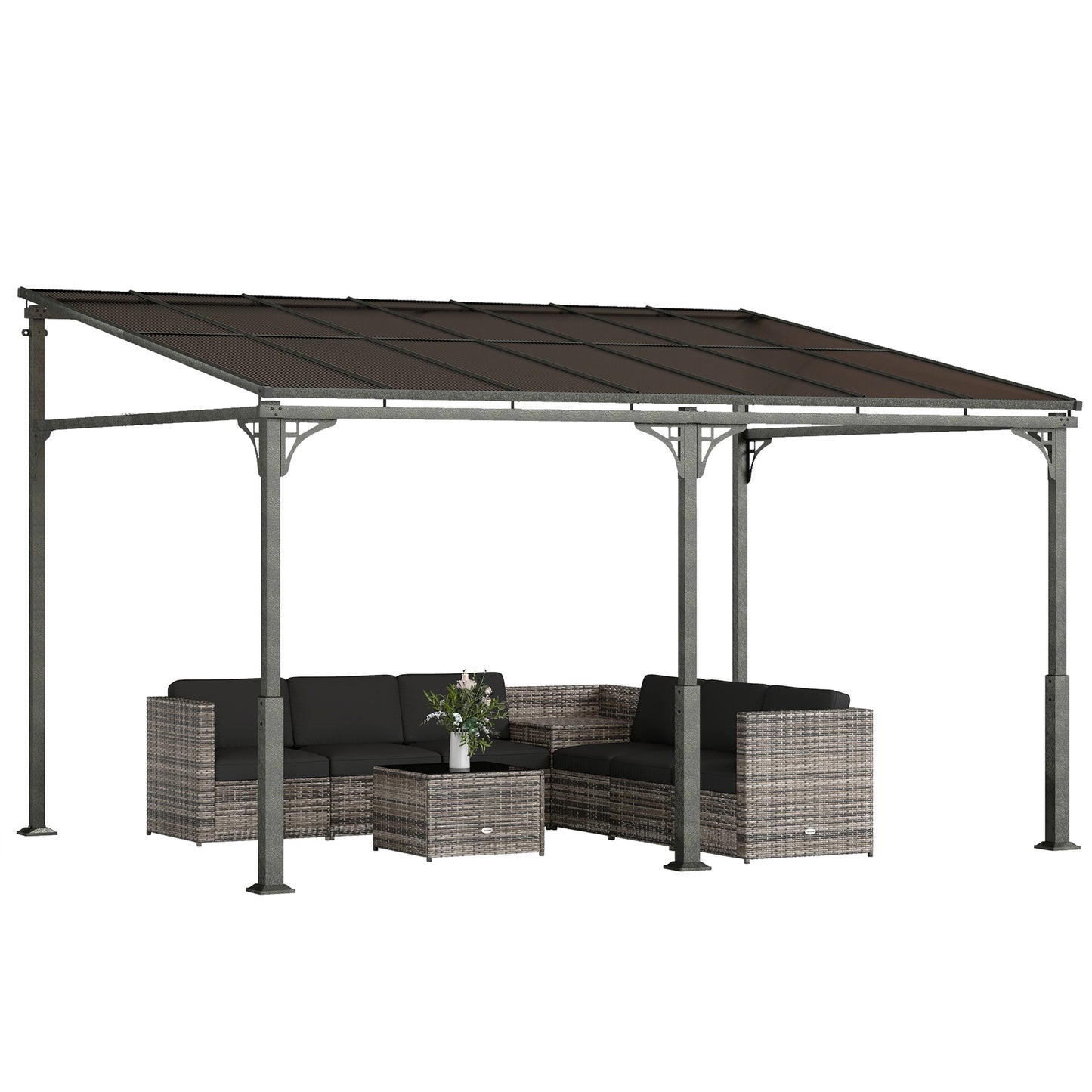 4 x 3 m Metal Lean-to Hardtop Gazebo, Wall-Mounted Pergola