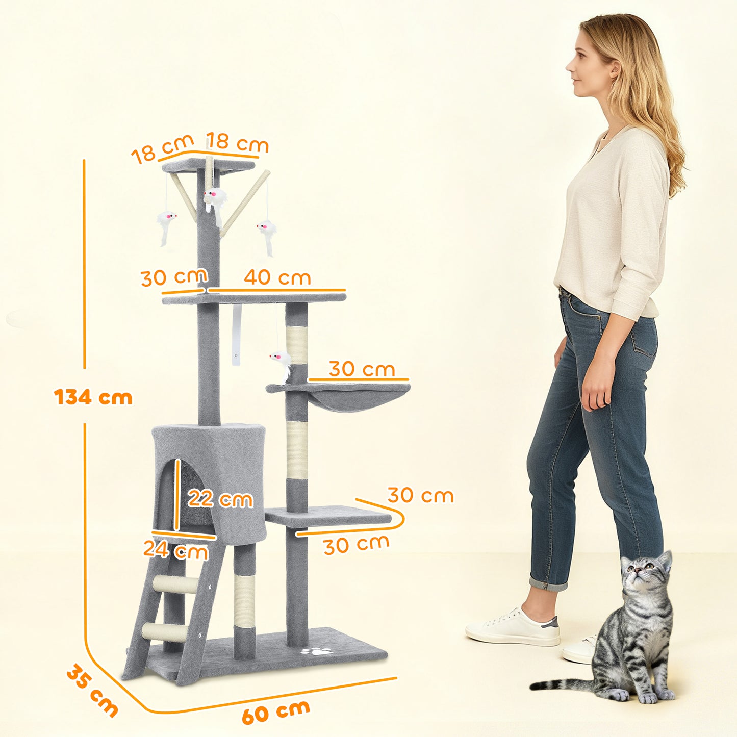 Cat Tree for Indoor Cats, 134cm Scratching Post Climbing Tower, Grey