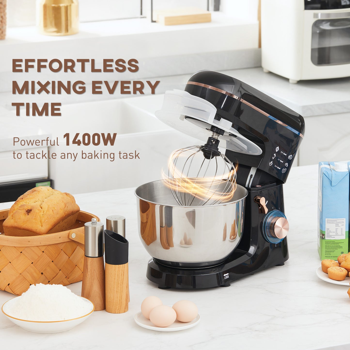 Electric Stand Mixer, 5L Food Mixer with Dough Hook, Whisk, Black