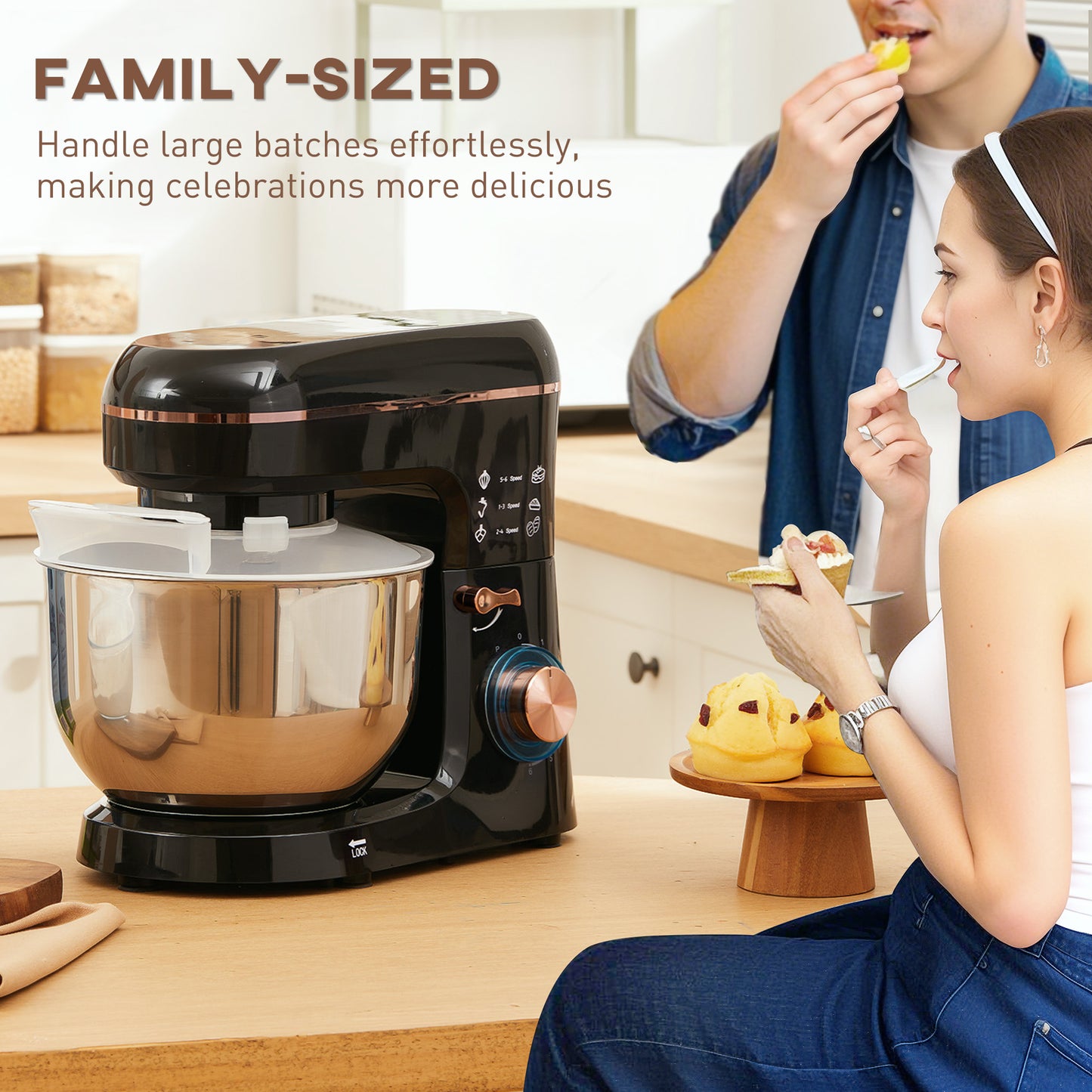Electric Stand Mixer, 5L Food Mixer with Dough Hook, Whisk, Black