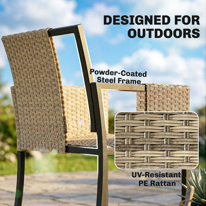 7 Piece Rattan Garden Furniture Set, Garden Dining Set with Wood-Plastic Table and 6 Stackable Chairs, Light Brown
