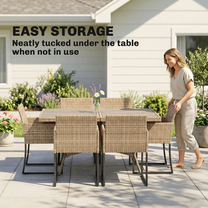 7 Piece Rattan Garden Furniture Set, Garden Dining Set with Wood-Plastic Table and 6 Stackable Chairs, Light Brown