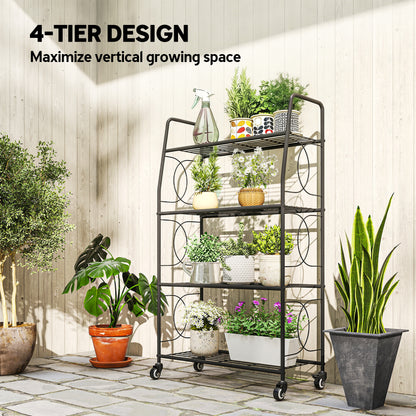 4-Tier Metal Plant Stand, Plants Display Rack with Lockable Wheels
