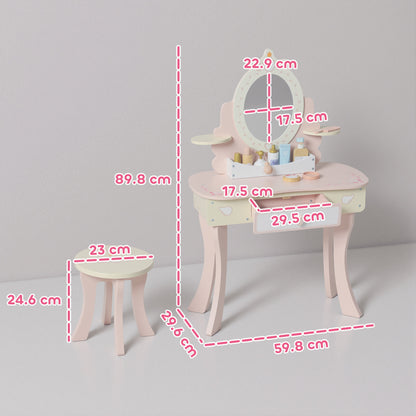 Kids Dressing Table, Girls Vanity Set w/ Stool, 7 Play Accessories