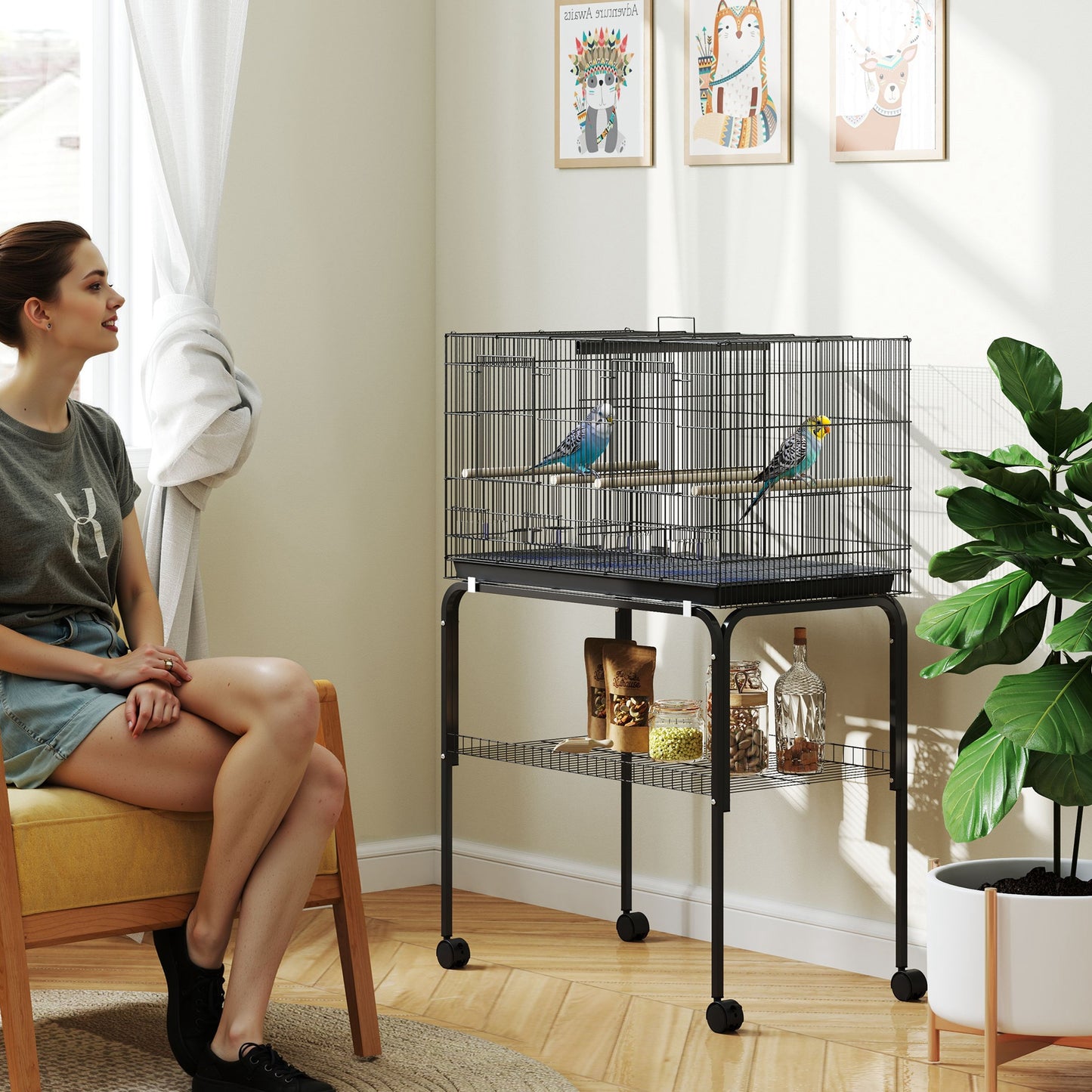 Bird Cage with Divider, 4 Wooden Perches, Slide Out Tray, Black