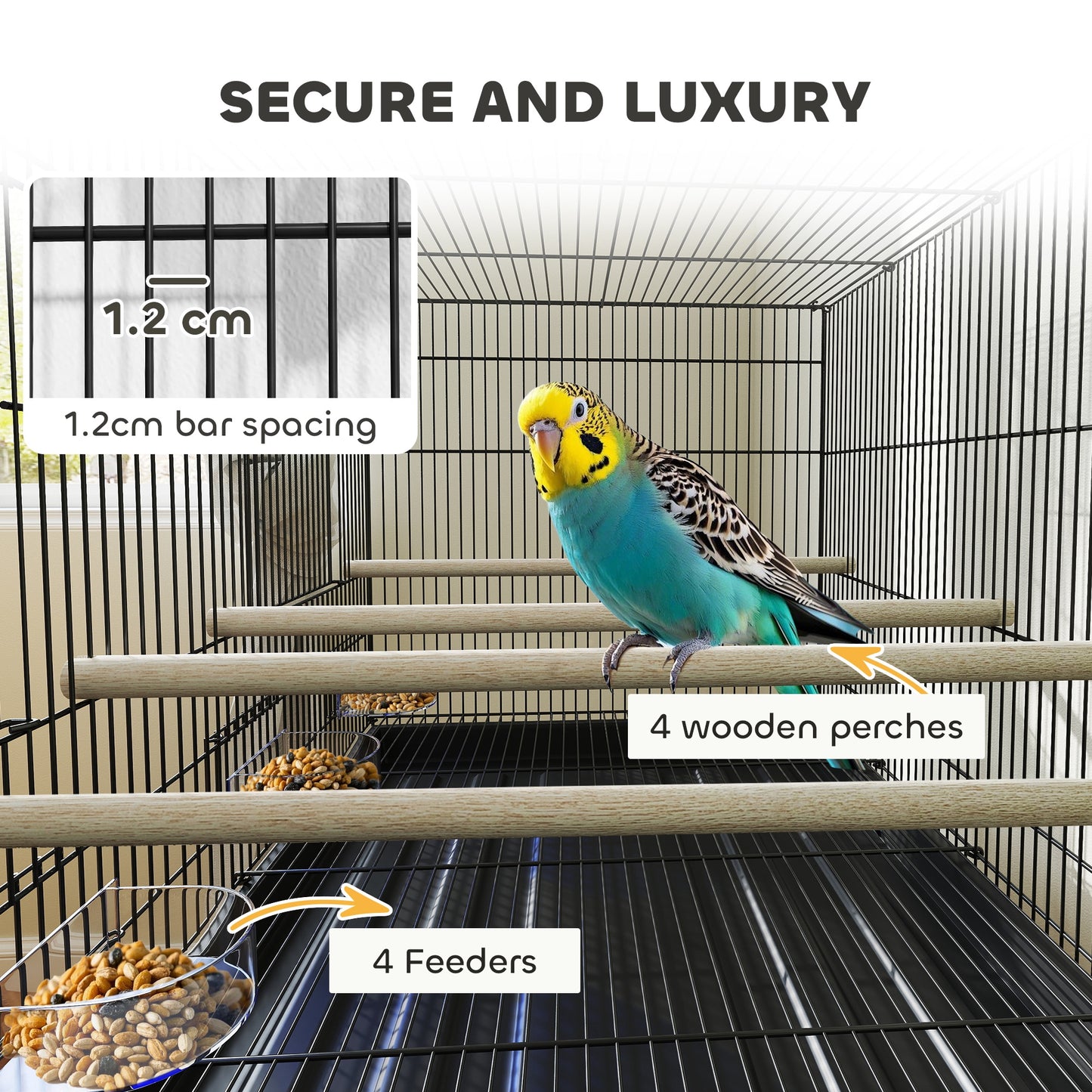 Bird Cage with Divider, 4 Wooden Perches, Slide Out Tray, Black