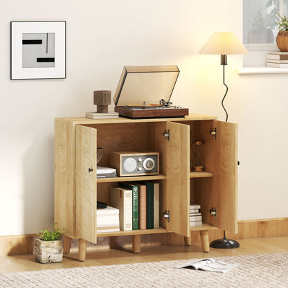 Vintage Sideboard Cabinet with 3 Chevron Doors, Natural Wood Finish