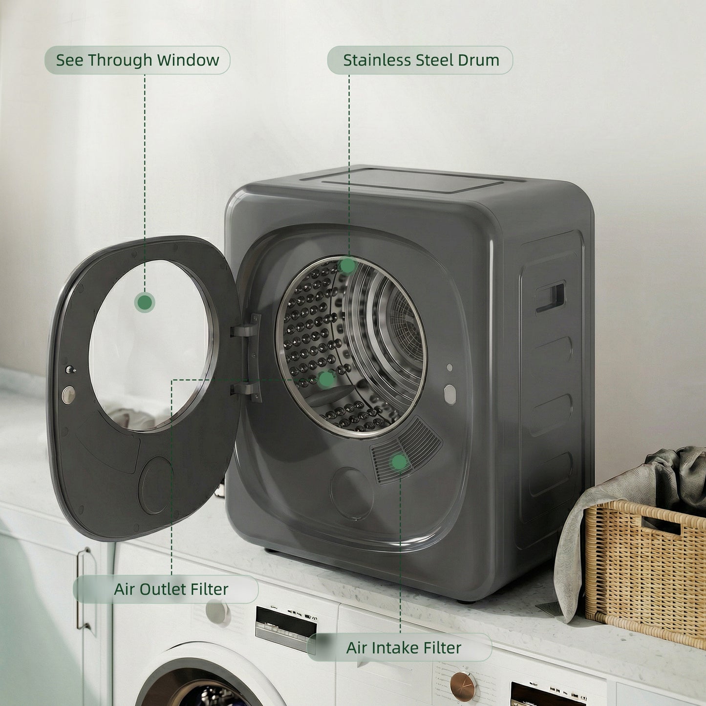 Compact Dryer Machine with 5 Modes, 4kg Small Tumble Dryer, Grey