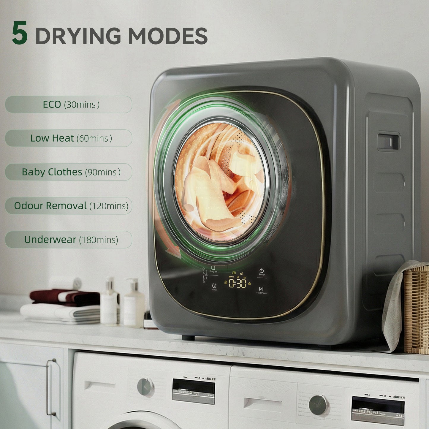 Compact Dryer Machine with 5 Modes, 4kg Small Tumble Dryer, Grey