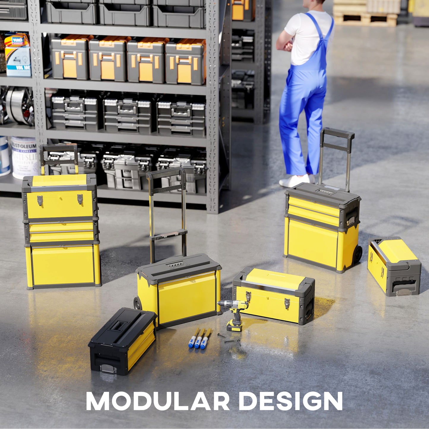 3-Tier Tool Box with Wheels, Stackable Steel Toolbox, Yellow
