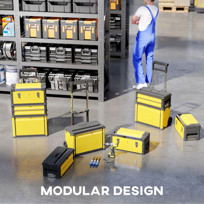 3-Tier Tool Box with Wheels, Stackable Steel Toolbox, Yellow