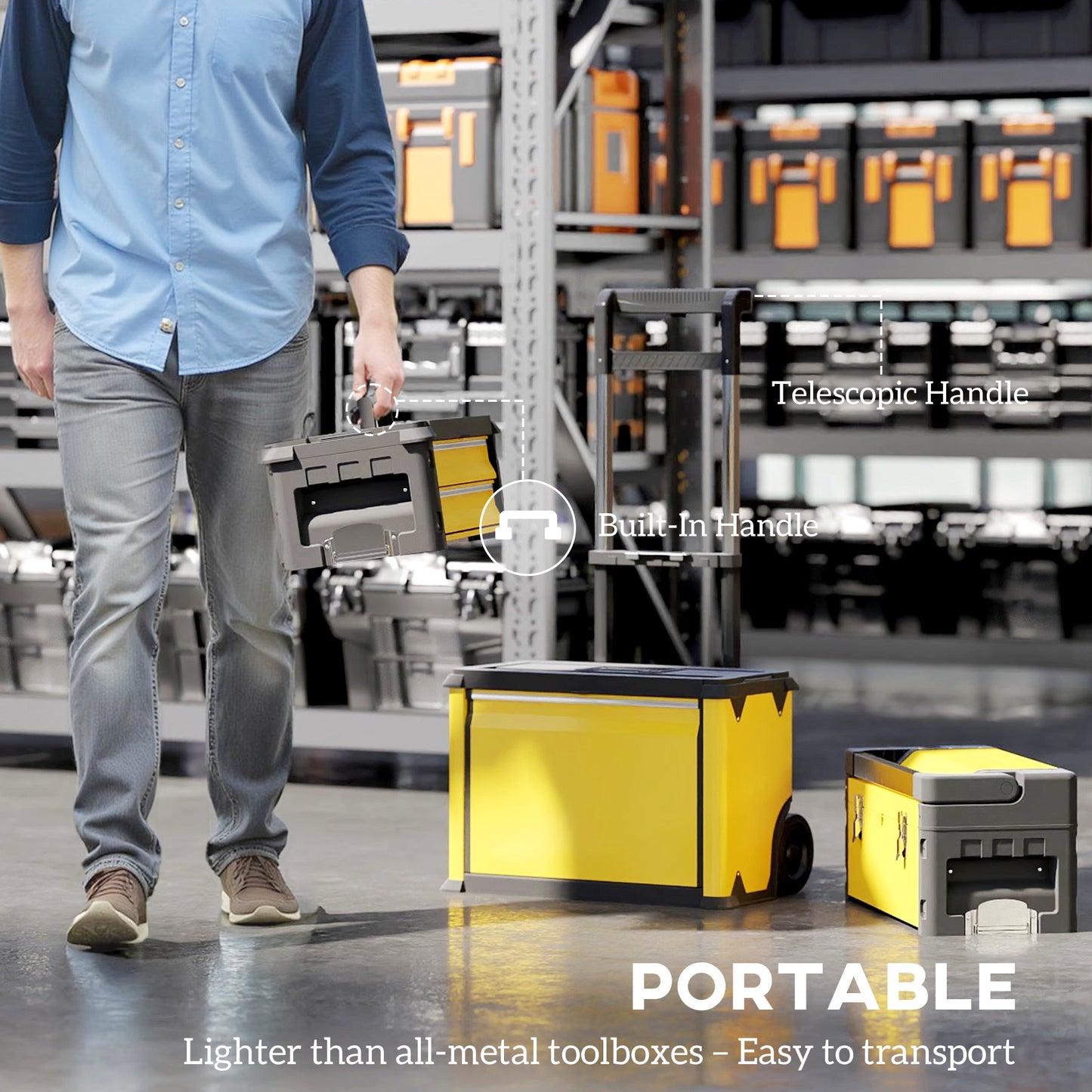3-Tier Tool Box with Wheels, Stackable Steel Toolbox, Yellow