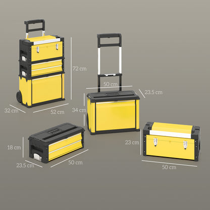 3-Tier Tool Box with Wheels, Stackable Steel Toolbox, Yellow