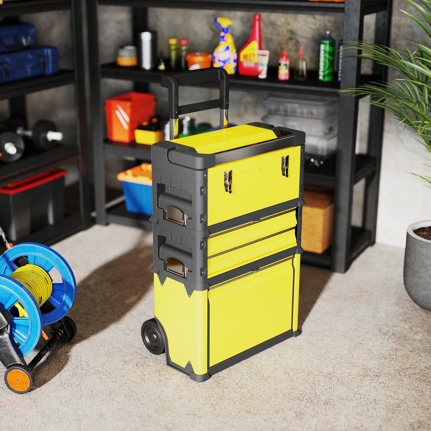 3-Tier Tool Box with Wheels, Stackable Steel Toolbox, Yellow