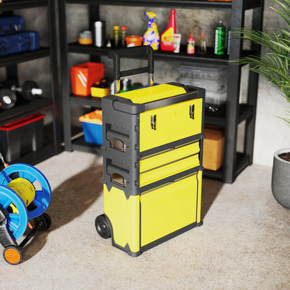 3-Tier Tool Box with Wheels, Stackable Steel Toolbox, Yellow