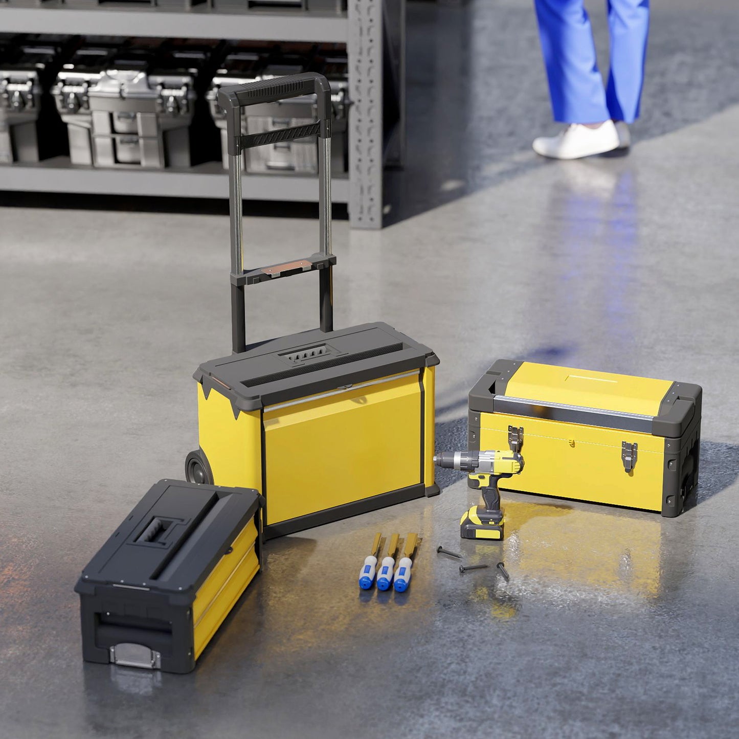 3-Tier Tool Box with Wheels, Stackable Steel Toolbox, Yellow