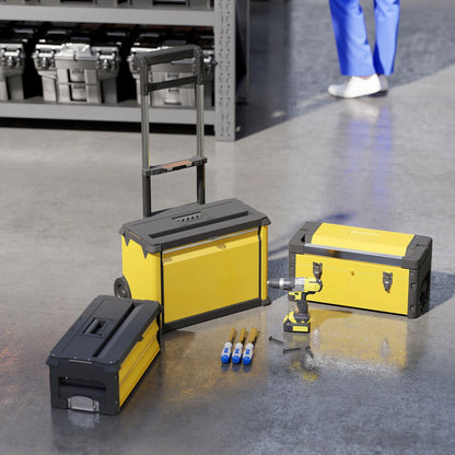 3-Tier Tool Box with Wheels, Stackable Steel Toolbox, Yellow