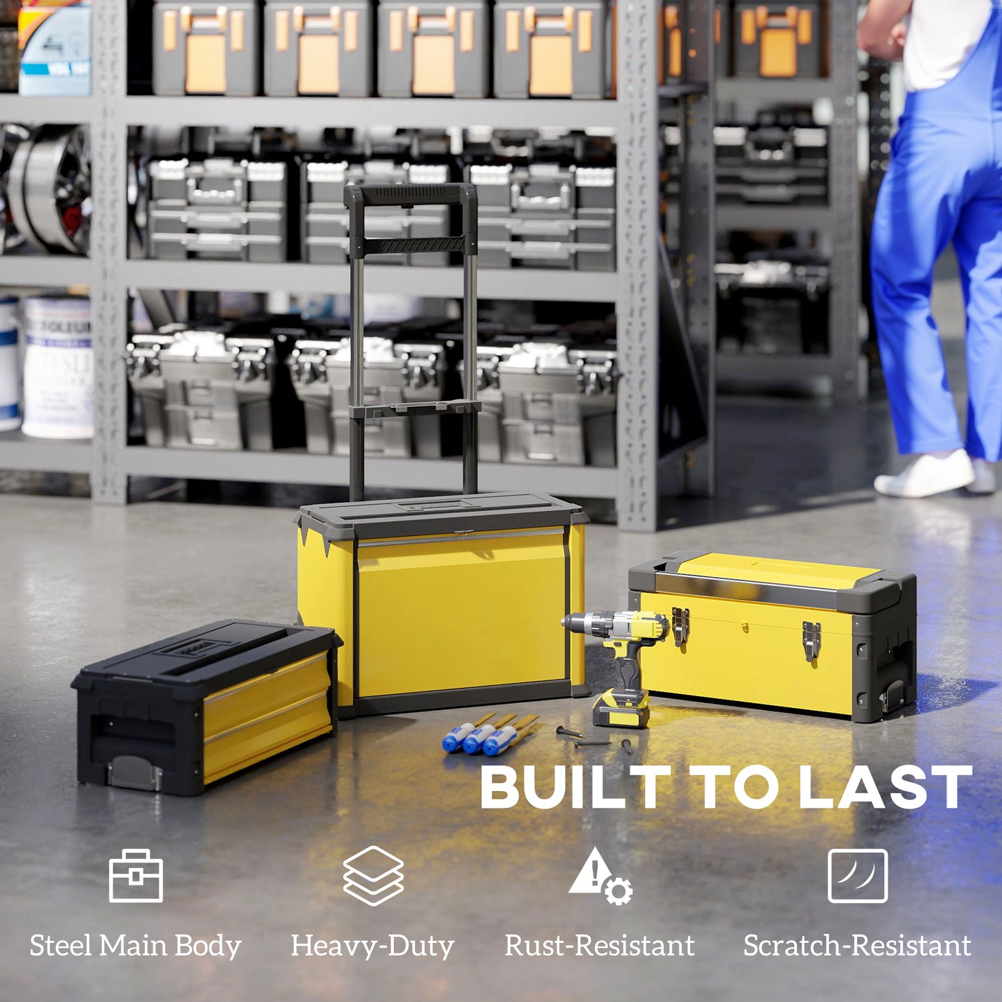 3-Tier Tool Box with Wheels, Stackable Steel Toolbox, Yellow