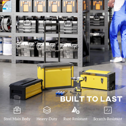 3-Tier Tool Box with Wheels, Stackable Steel Toolbox, Yellow