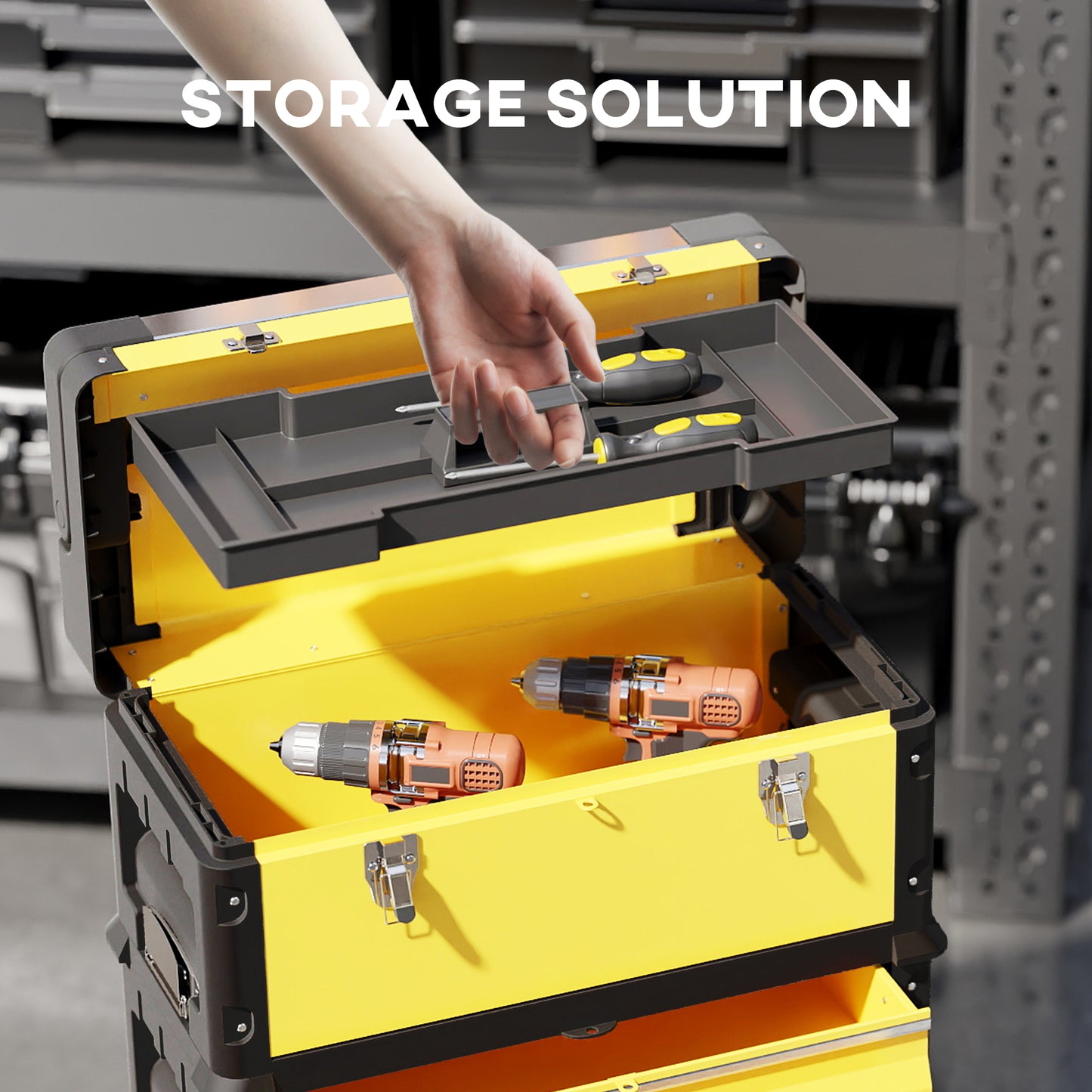 3-Tier Tool Box with Wheels, Stackable Steel Toolbox, Yellow