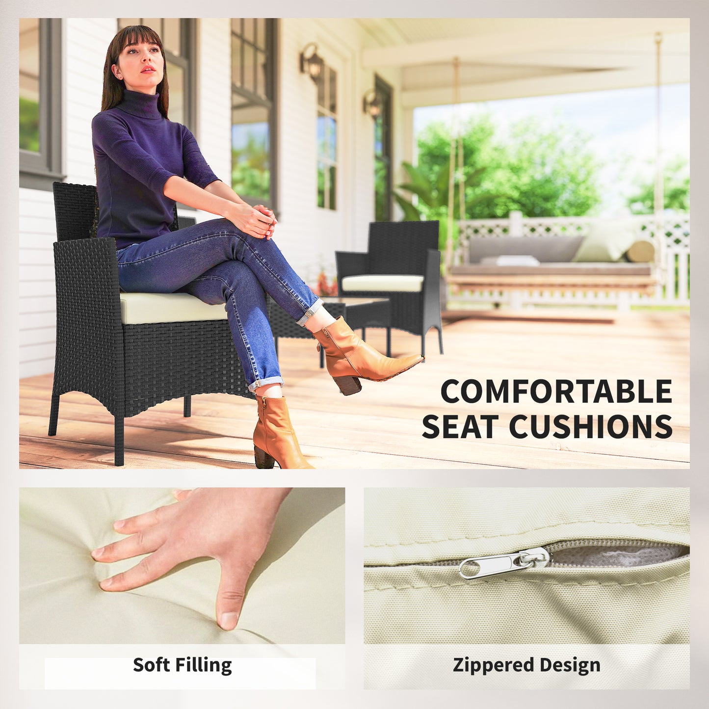 4 Piece Rattan Garden Furniture Sofa Set with Cushions, Cream White