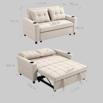 2 Seater Pull Out Sofa Bed with Pockets for Living Room Beige