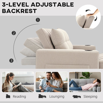 2 Seater Pull Out Sofa Bed with Pockets for Living Room Beige