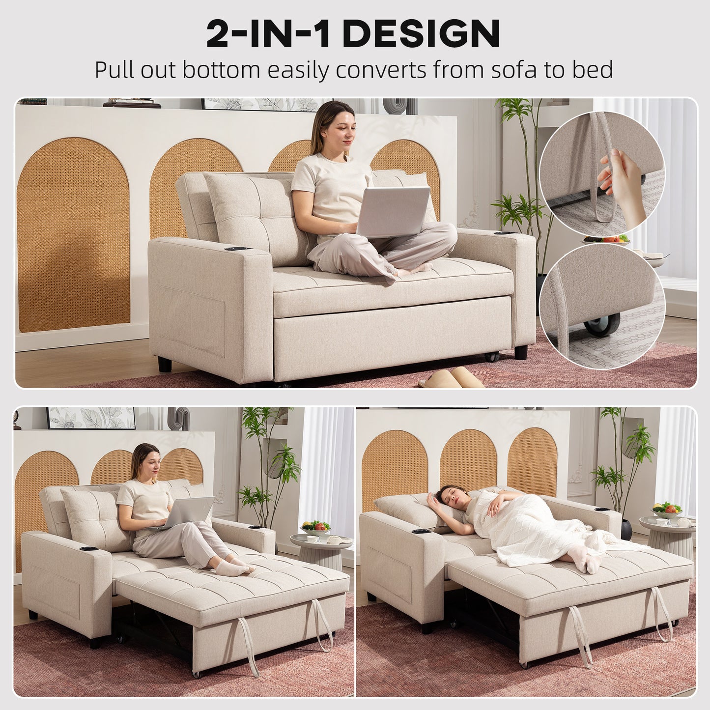 2 Seater Pull Out Sofa Bed with Pockets for Living Room Beige