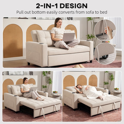 2 Seater Pull Out Sofa Bed with Pockets for Living Room Beige