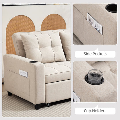 2 Seater Pull Out Sofa Bed with Pockets for Living Room Beige