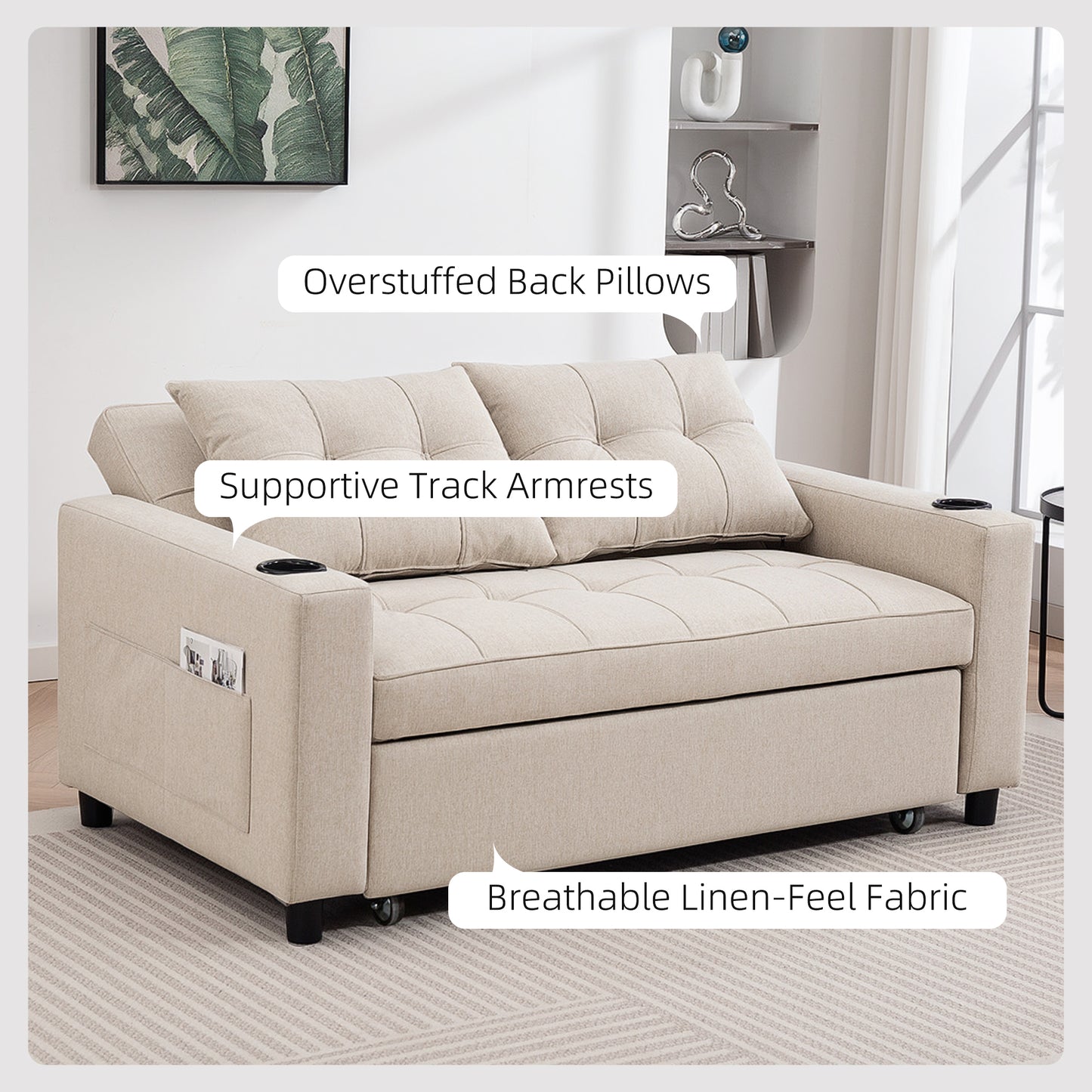 2 Seater Pull Out Sofa Bed with Pockets for Living Room Beige