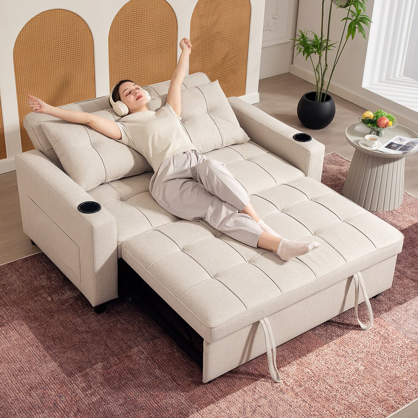 2 Seater Pull Out Sofa Bed with Pockets for Living Room Beige
