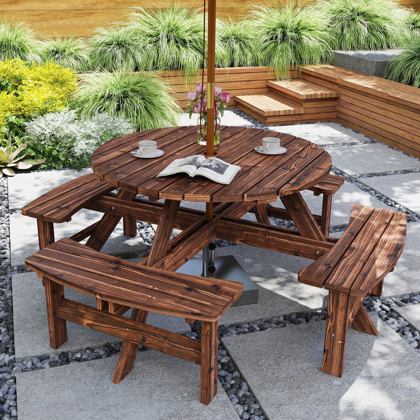 Garden Dining Set, 8 Seater Patio Furniture Set with Round Picnic Table, Parasol Hole for Outdoor Garden, Tan