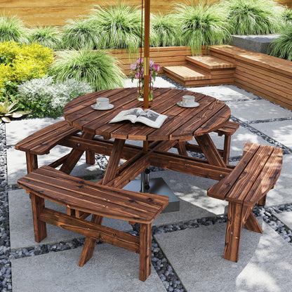 Garden Dining Set, 8 Seater Patio Furniture Set with Round Picnic Table, Parasol Hole for Outdoor Garden, Tan