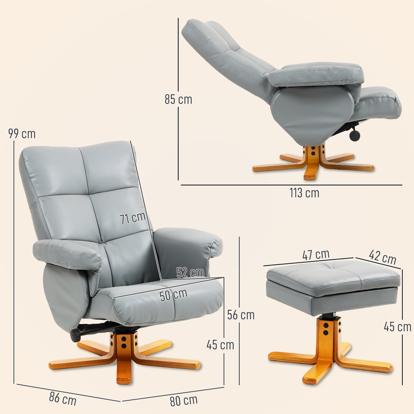 Recliner Chair and Footstool PU Leather Wooden Base, Light Grey