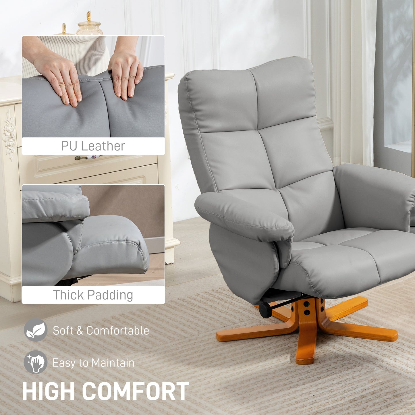 Recliner Chair and Footstool PU Leather Wooden Base, Light Grey