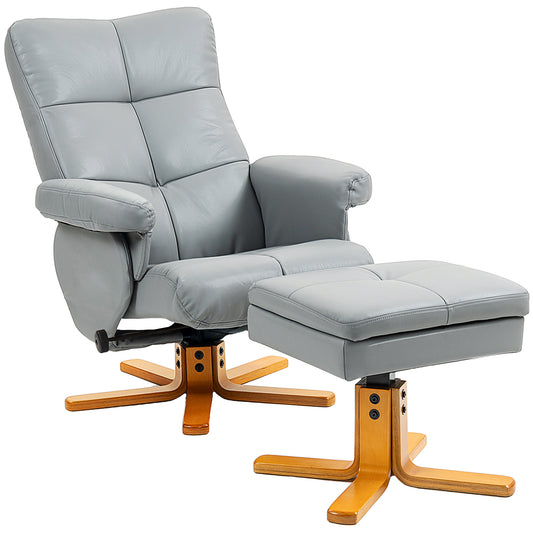Recliner Chair and Footstool PU Leather Wooden Base, Light Grey