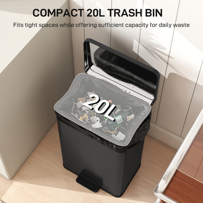 Pedal Bin with Soft-Close Lid, 20L Kitchen Bin for Home, Matte Black