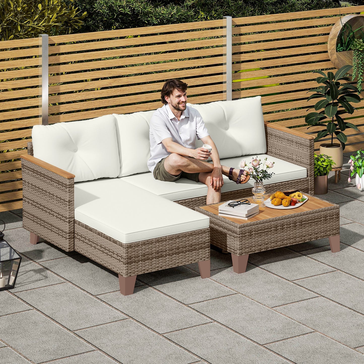 L Shaped Garden Conversation Chaise Lounge Furniture, Cream