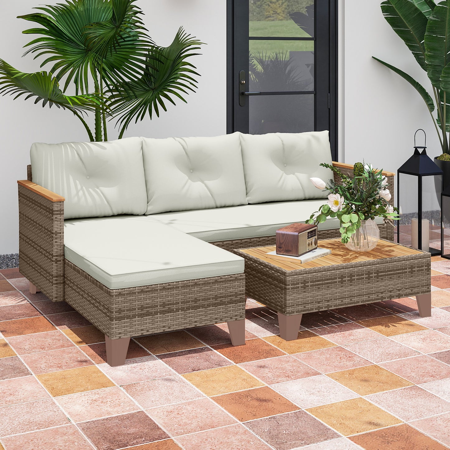 L Shaped Garden Conversation Chaise Lounge Furniture, Cream