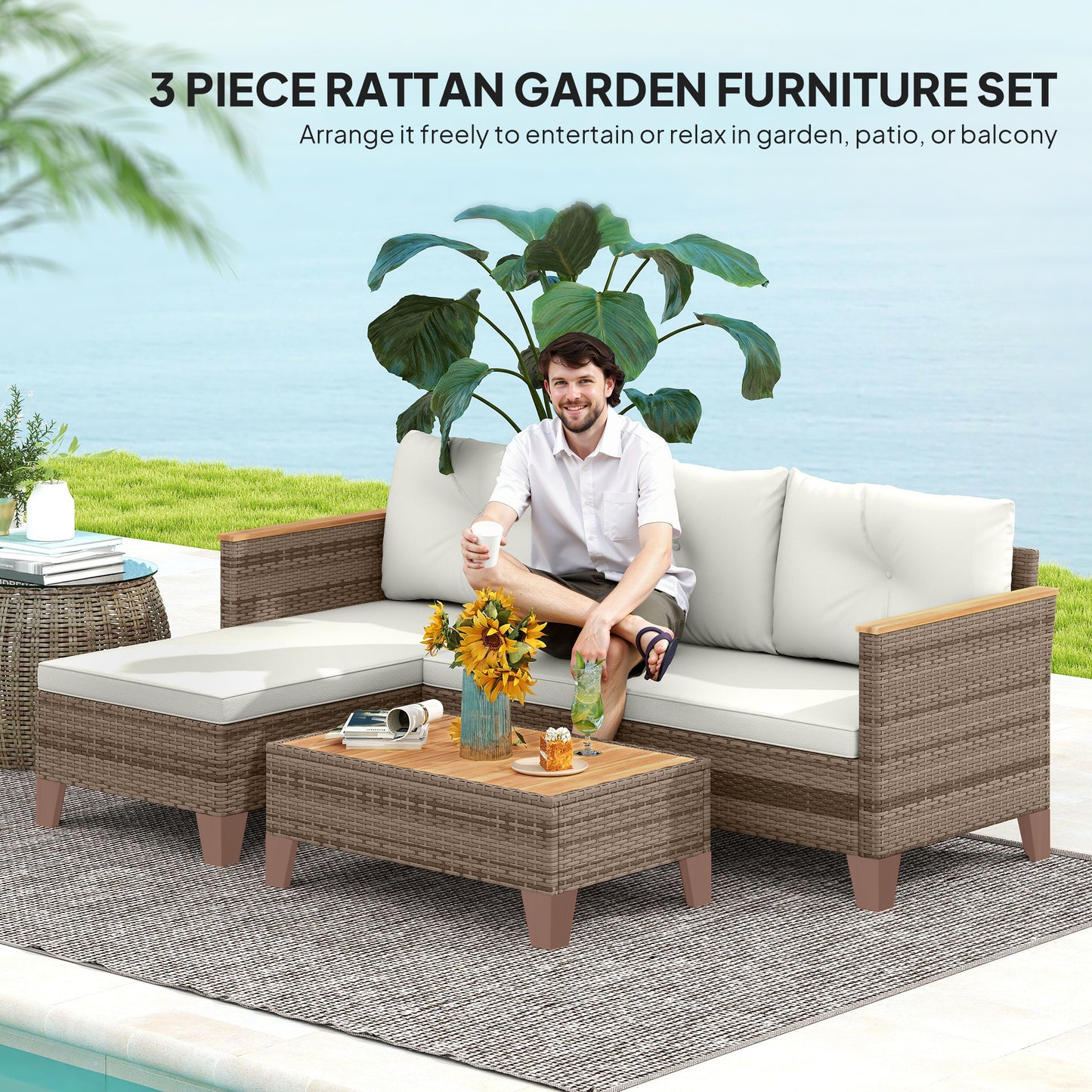 L Shaped Garden Conversation Chaise Lounge Furniture, Cream