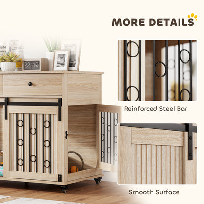 Dog Crate Furniture, Dog Cage w/ Wheels, 2 Drawers, Sliding Door, Oak