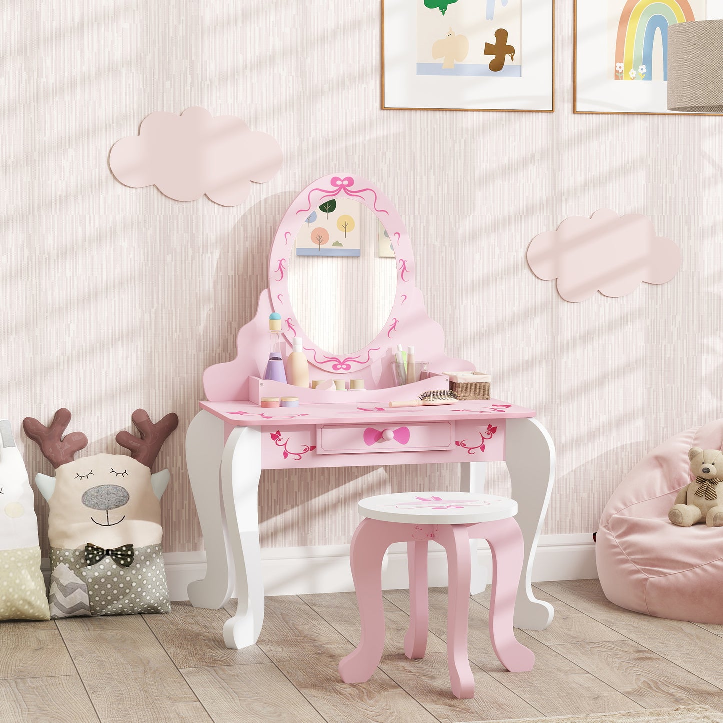 Kids Dressing Table Set, Two-Piece Children Vanity Table with Stool